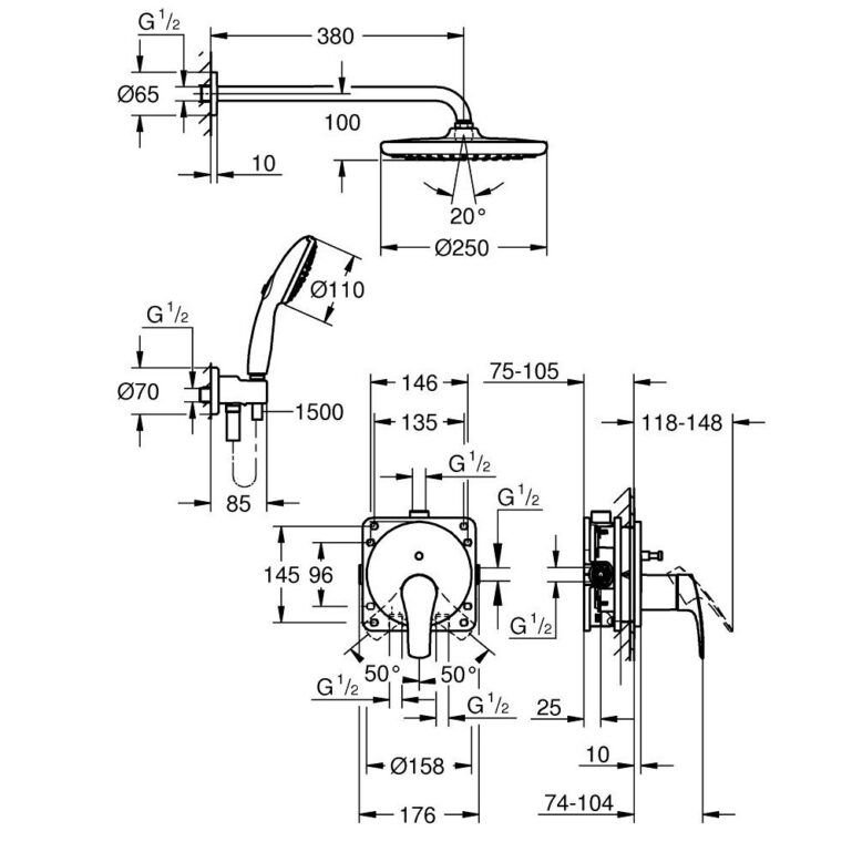 DUŠIKOMPLEKT GROHE EUROSMART KROOM, SEINASISENE - Image 3